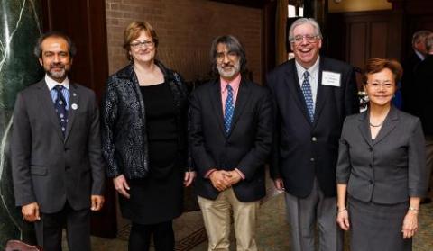 Left to right: AYA Board of Governors Chair Rahul Prasad ’84 M.S., ’87 Ph.D.; honoree Professor Meg Urry; presenter Professor Akhil Reed Amar ’80, ’84 J.D.; honoree Professor Jay Gitlin ’71, ’74 Mus.M., ’02 Ph.D;. AYA Executive Director Weili Cheng ’77. (Photo credit: Tony Fiorini)