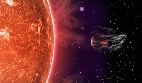 Artist's conception of a planet's atmosphere being stripped. (Illustration by Peter Devine) Image of atmosphere being stripped