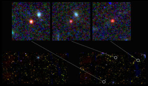 Images of three candidate massive galaxies, seen 500-800 million years after the Big Bang. The galaxies have a similar number of stars as the Milky Way, but they look different: the stars are packed very tightly together. These images are a composite of separate exposures taken by the James Webb Space Telescope using the NIRCam instrument. Credits: NASA, ESA, CSA, I. Labbe (Swinburne University of Technology). Image processing: G. Brammer (Niels Bohr Institute’s Cosmic Dawn Center at the University of Copen